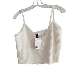 H&M Divided Cream Lace Crop top Ribbed Spaghetti Straps Shirt 90s Y2k NWT Large
